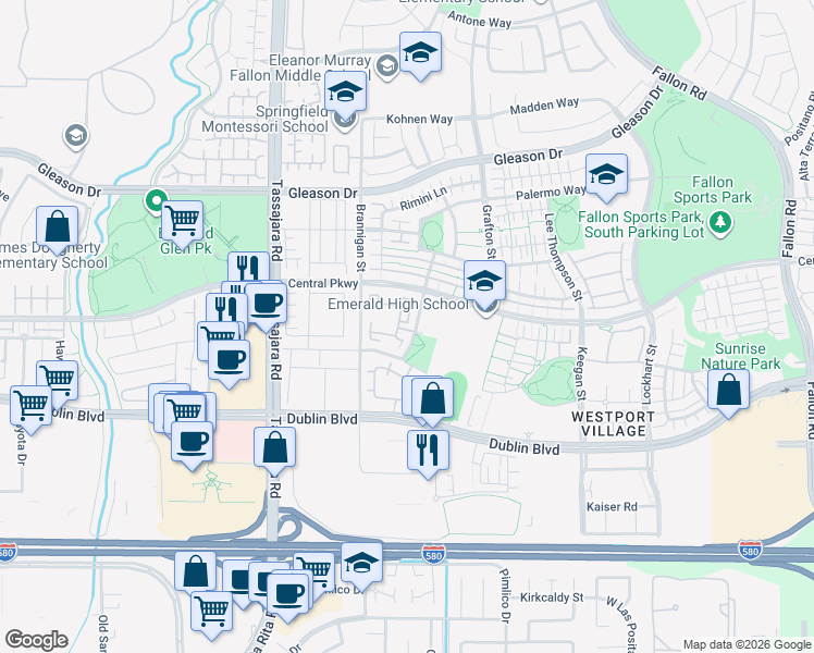 map of restaurants, bars, coffee shops, grocery stores, and more near 3783 Dunmore Lane in Dublin