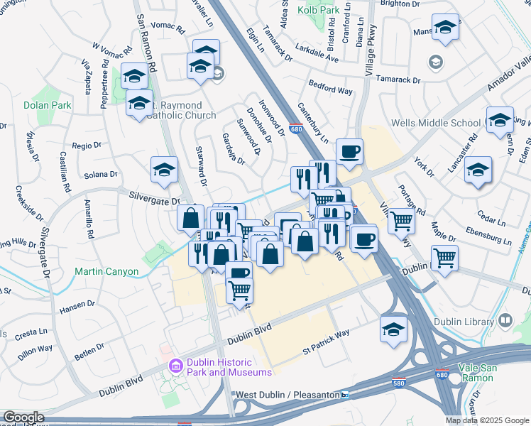 map of restaurants, bars, coffee shops, grocery stores, and more near 7601 Amador Valley Boulevard in Dublin