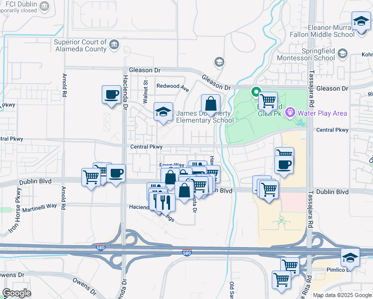 map of restaurants, bars, coffee shops, grocery stores, and more near 4682 Central Parkway in Dublin