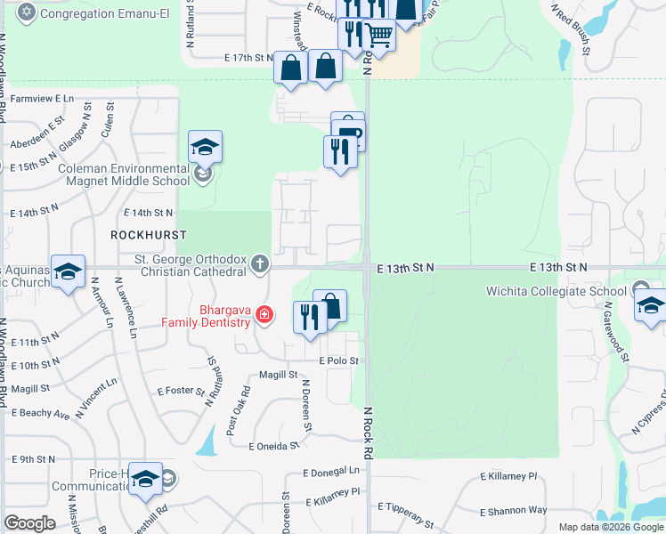 map of restaurants, bars, coffee shops, grocery stores, and more near 7848 East 13th Street North in Wichita