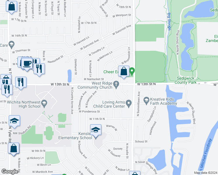 map of restaurants, bars, coffee shops, grocery stores, and more near 1330 North Dunsworth Avenue in Wichita