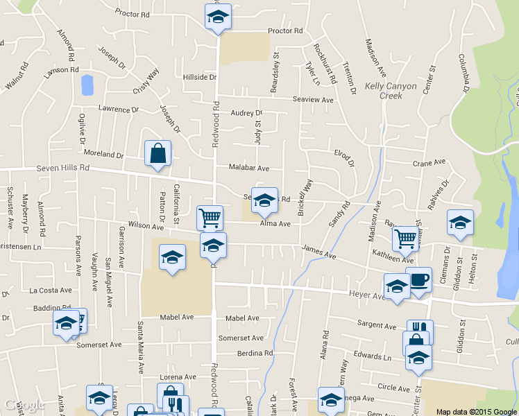 map of restaurants, bars, coffee shops, grocery stores, and more near 4400 Alma Avenue in Castro Valley