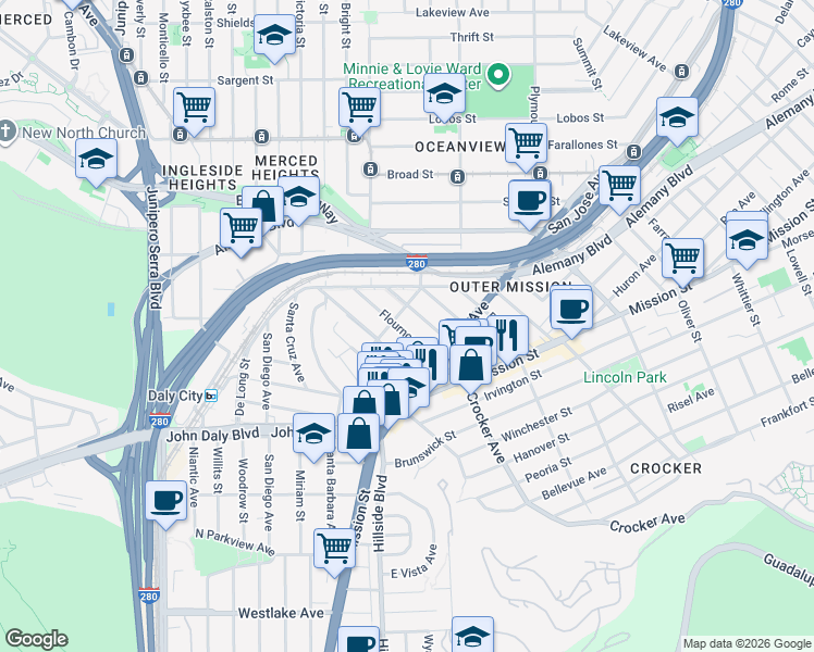 map of restaurants, bars, coffee shops, grocery stores, and more near 188 Flournoy Street in San Francisco