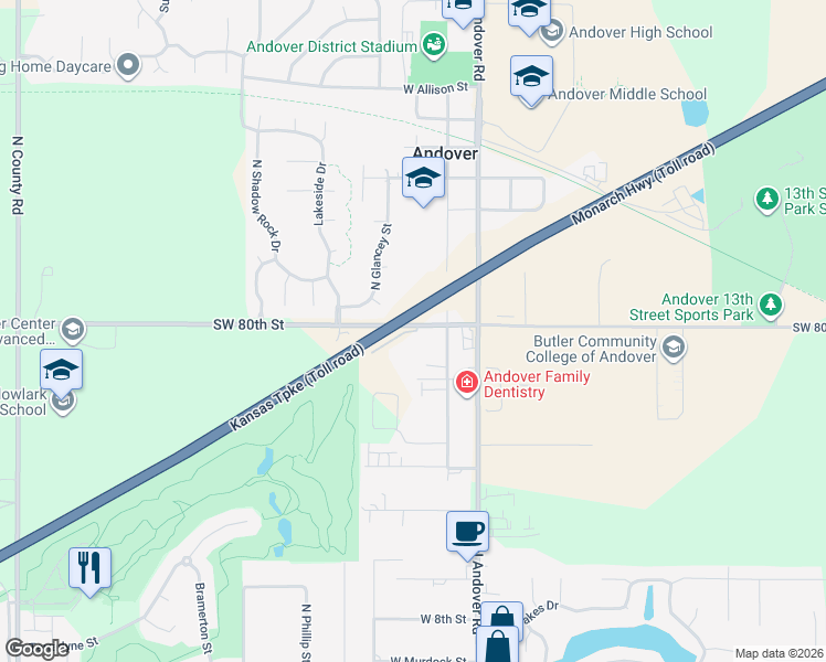 map of restaurants, bars, coffee shops, grocery stores, and more near 103-233 Southwest 80th Street in Andover