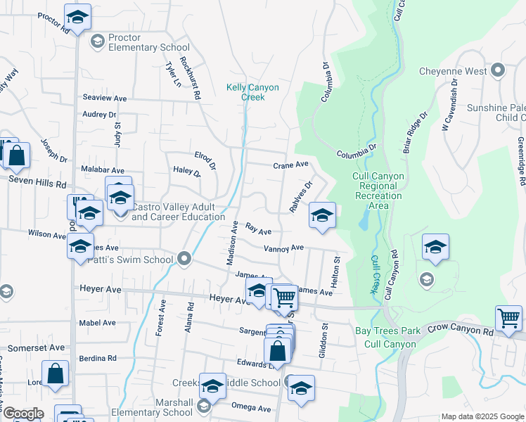 map of restaurants, bars, coffee shops, grocery stores, and more near 5069 August Court in Castro Valley