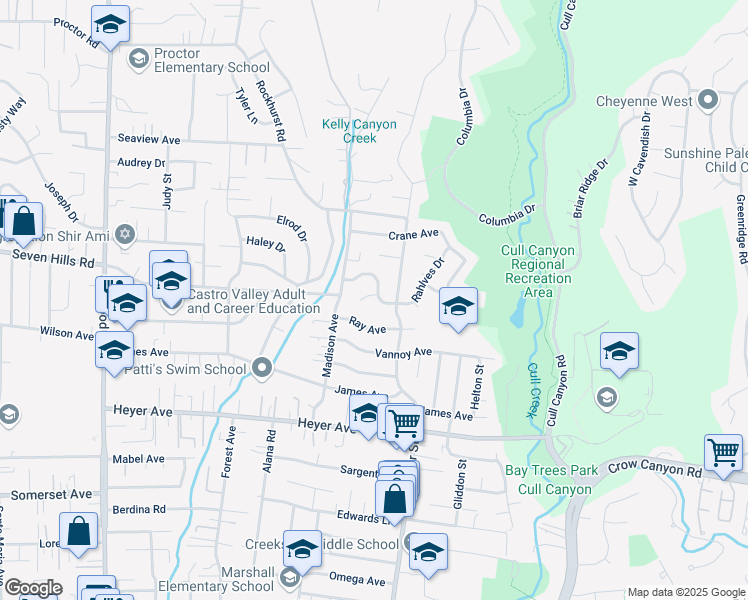 map of restaurants, bars, coffee shops, grocery stores, and more near 5069 August Court in Castro Valley