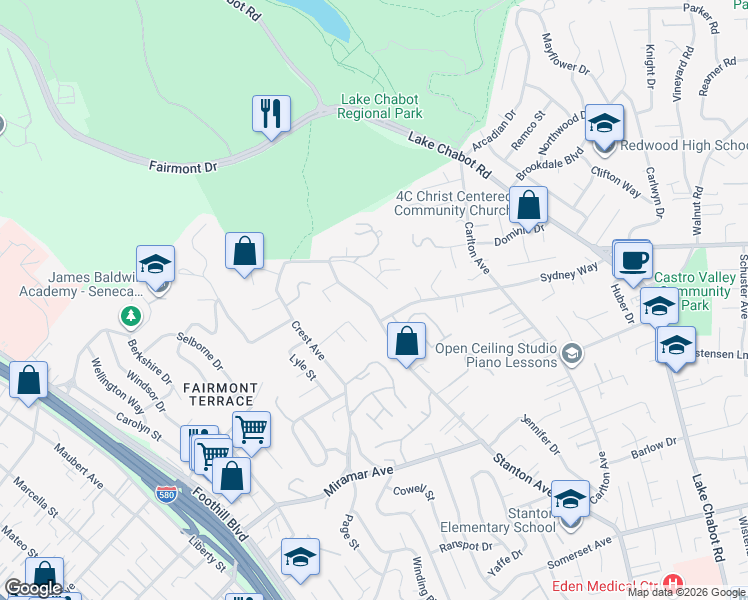 map of restaurants, bars, coffee shops, grocery stores, and more near 18662 Stanton Avenue in Castro Valley
