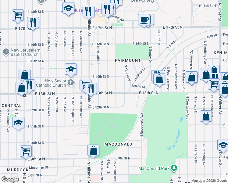 map of restaurants, bars, coffee shops, grocery stores, and more near 3400-3498 East 13th Street North in Wichita
