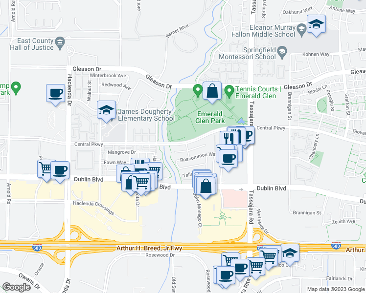 map of restaurants, bars, coffee shops, grocery stores, and more near 4420 Central Parkway in Dublin
