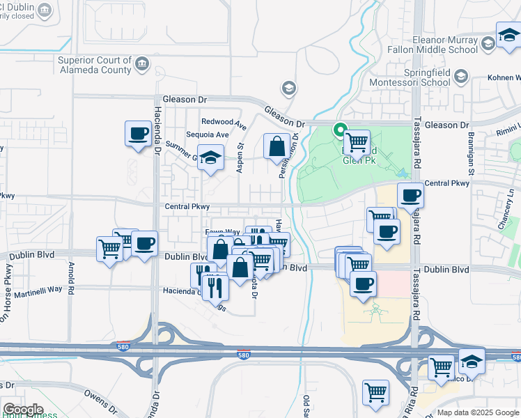 map of restaurants, bars, coffee shops, grocery stores, and more near 4630 Central Parkway in Dublin