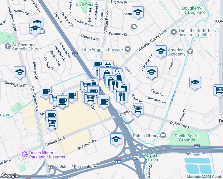 map of restaurants, bars, coffee shops, grocery stores, and more near 7046 Village Parkway in Dublin