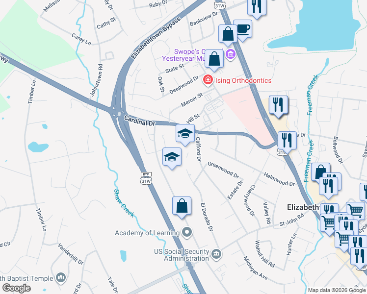 map of restaurants, bars, coffee shops, grocery stores, and more near 307 Cardinal Drive in Elizabethtown