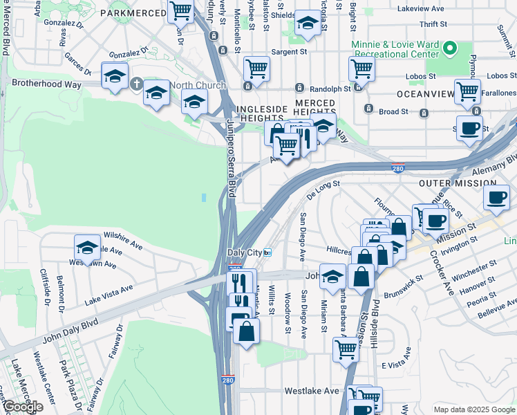 map of restaurants, bars, coffee shops, grocery stores, and more near 285 Saint Charles Avenue in San Francisco