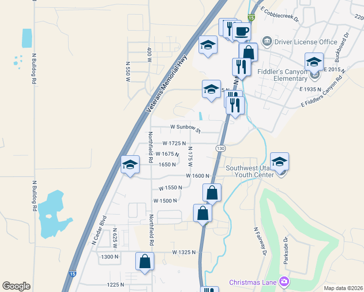 map of restaurants, bars, coffee shops, grocery stores, and more near 221 West 1725 North in Cedar City