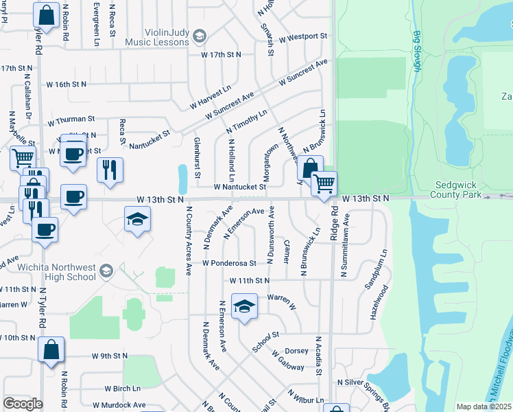 map of restaurants, bars, coffee shops, grocery stores, and more near 1347 Emerson in Wichita