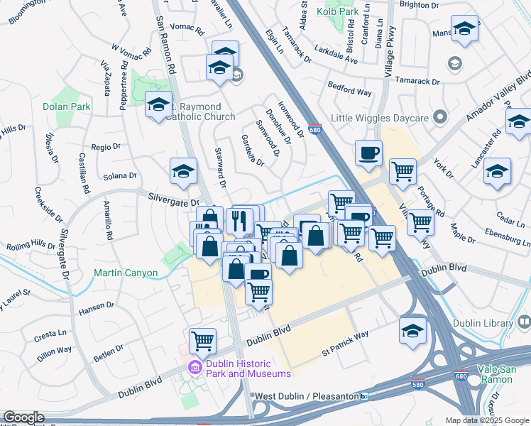 map of restaurants, bars, coffee shops, grocery stores, and more near 7317 Starward Drive in Dublin