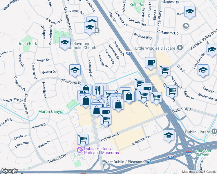 map of restaurants, bars, coffee shops, grocery stores, and more near 7319 Starward Drive in Dublin