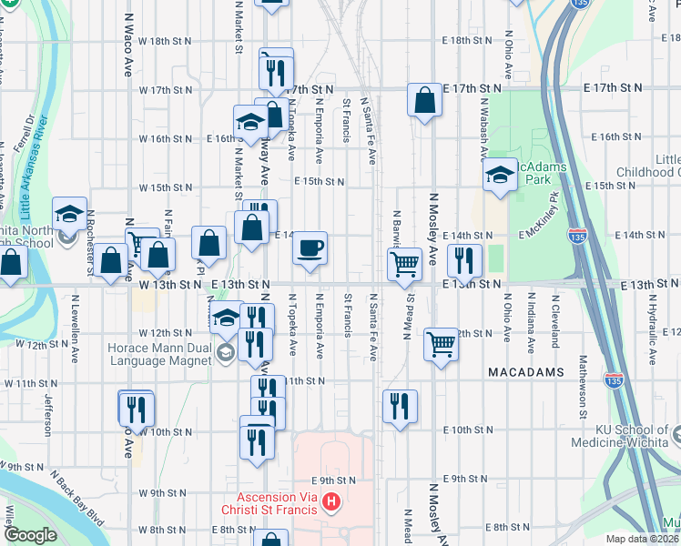 map of restaurants, bars, coffee shops, grocery stores, and more near 1409 Saint Francis in Wichita