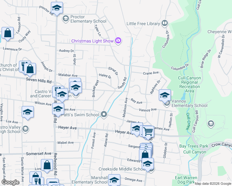 map of restaurants, bars, coffee shops, grocery stores, and more near 18806 Sandy Road in Castro Valley