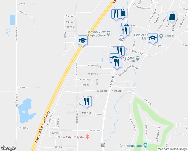 map of restaurants, bars, coffee shops, grocery stores, and more near 205 West 1725 North in Cedar City