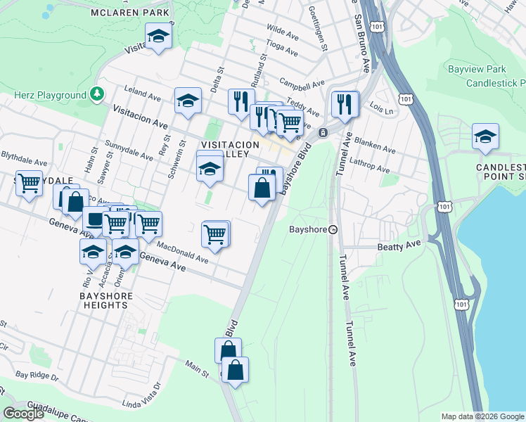 map of restaurants, bars, coffee shops, grocery stores, and more near 2630 Bayshore Boulevard in San Francisco