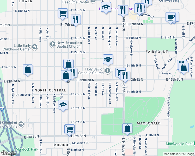 map of restaurants, bars, coffee shops, grocery stores, and more near 1412 North Volutsia Street in Wichita