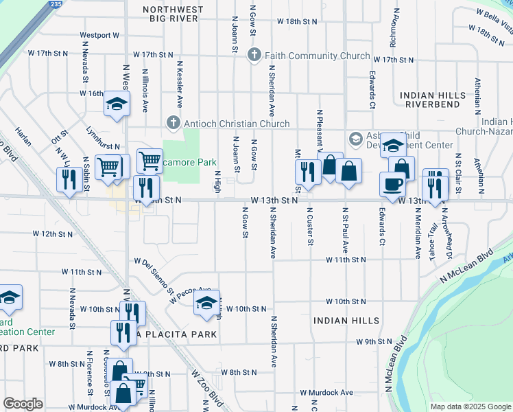 map of restaurants, bars, coffee shops, grocery stores, and more near 3311 West 13th Street North in Wichita