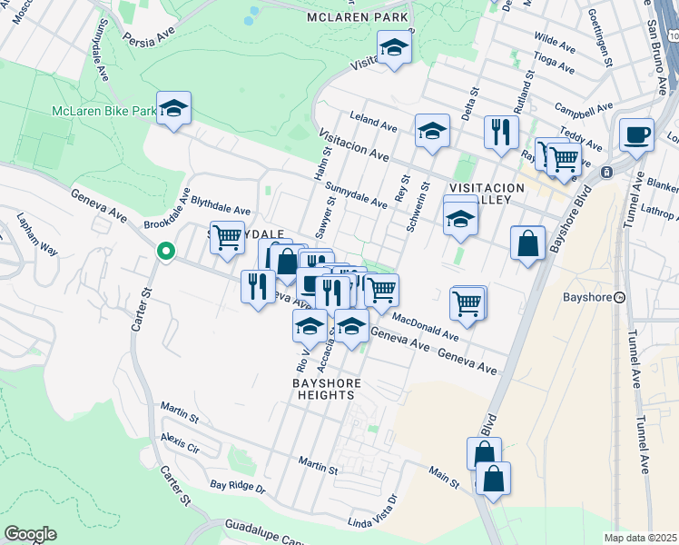 map of restaurants, bars, coffee shops, grocery stores, and more near 241 Velasco Avenue in San Francisco