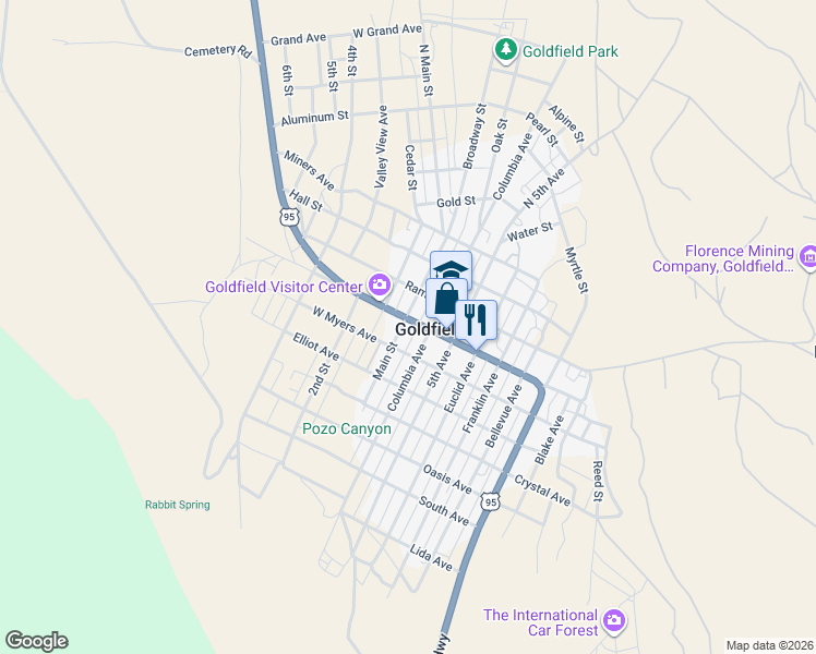 map of restaurants, bars, coffee shops, grocery stores, and more near 100 Crook Avenue in Goldfield