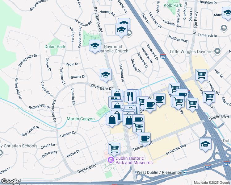 map of restaurants, bars, coffee shops, grocery stores, and more near 7616 Arbor Creek Circle in Dublin