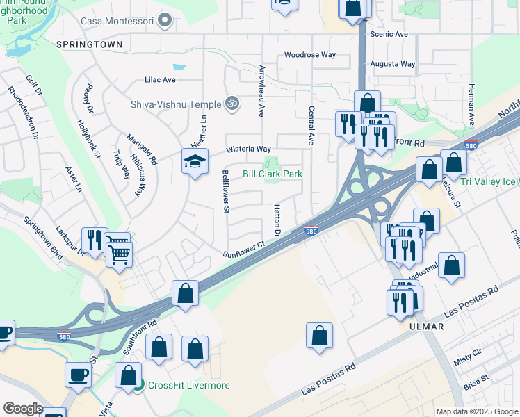 map of restaurants, bars, coffee shops, grocery stores, and more near 5473 Rainflower Drive in Livermore