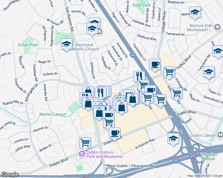 map of restaurants, bars, coffee shops, grocery stores, and more near 7317 Starward Drive in Dublin