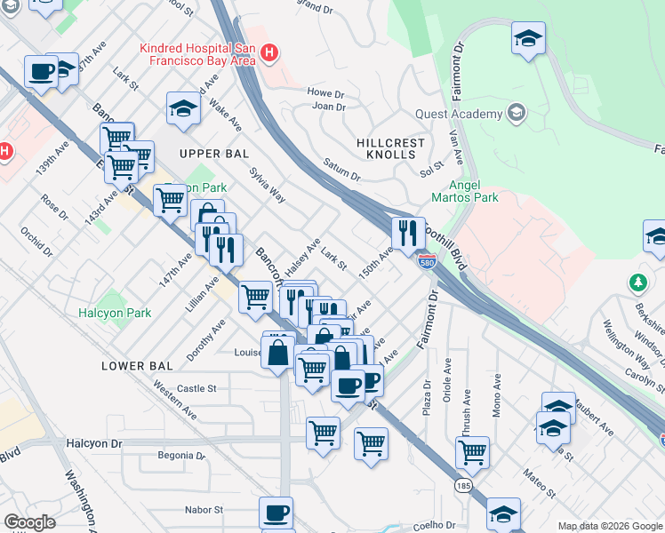 map of restaurants, bars, coffee shops, grocery stores, and more near 14976 Lark Street in San Leandro