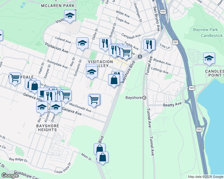 map of restaurants, bars, coffee shops, grocery stores, and more near 2630 Bayshore Boulevard in San Francisco