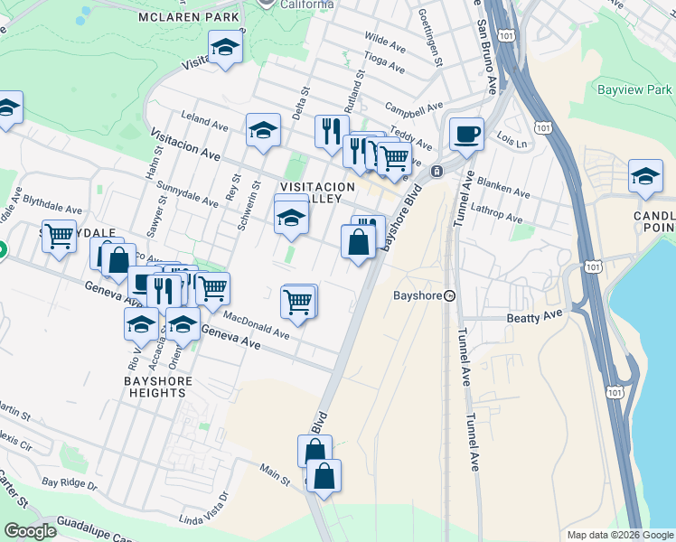 map of restaurants, bars, coffee shops, grocery stores, and more near 280 Talbert Street in San Francisco