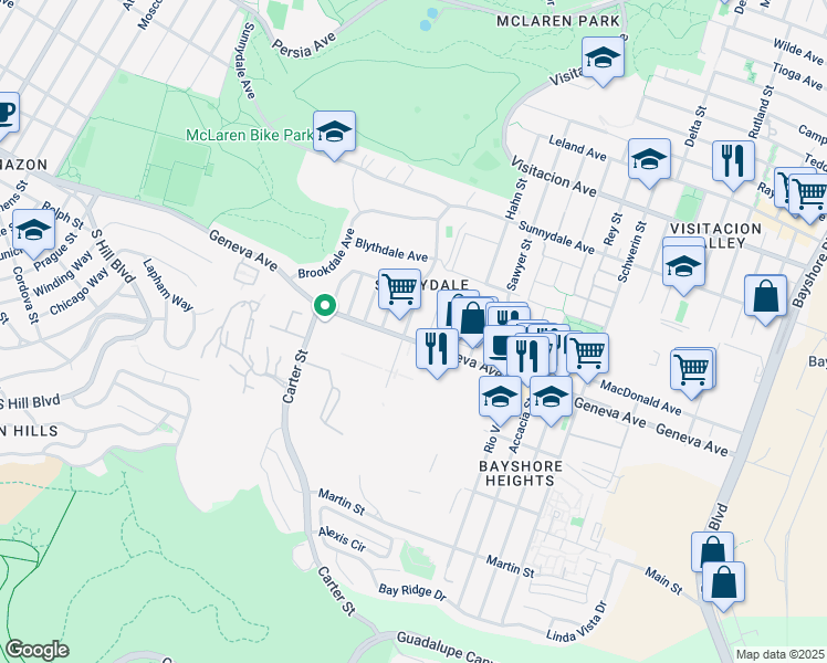map of restaurants, bars, coffee shops, grocery stores, and more near 2233 Geneva Avenue in San Francisco