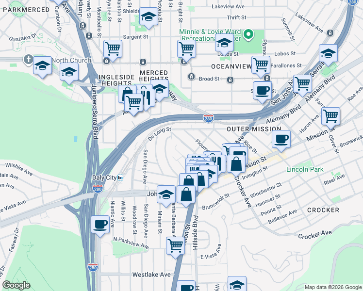 map of restaurants, bars, coffee shops, grocery stores, and more near 130 Shakespeare Street in San Francisco