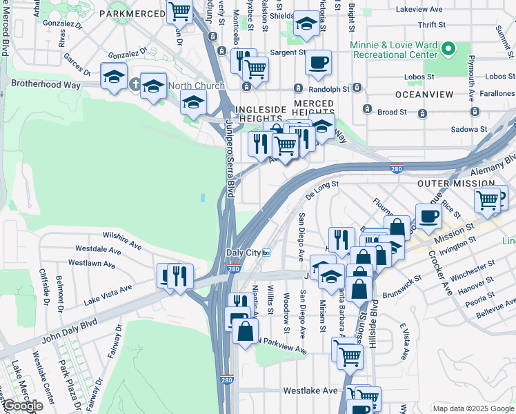 map of restaurants, bars, coffee shops, grocery stores, and more near 285 Saint Charles Avenue in San Francisco