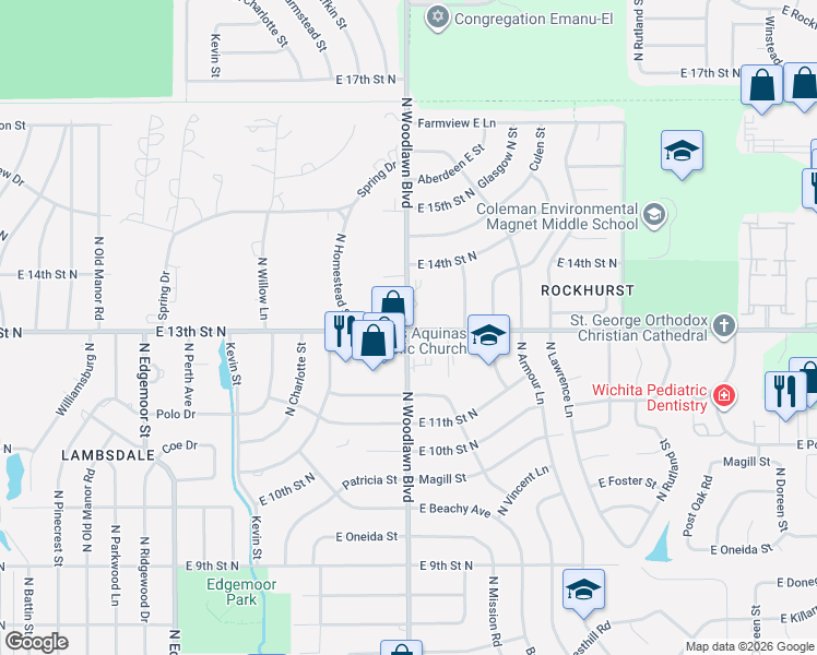 map of restaurants, bars, coffee shops, grocery stores, and more near 1845 North Fairmount Avenue in Wichita