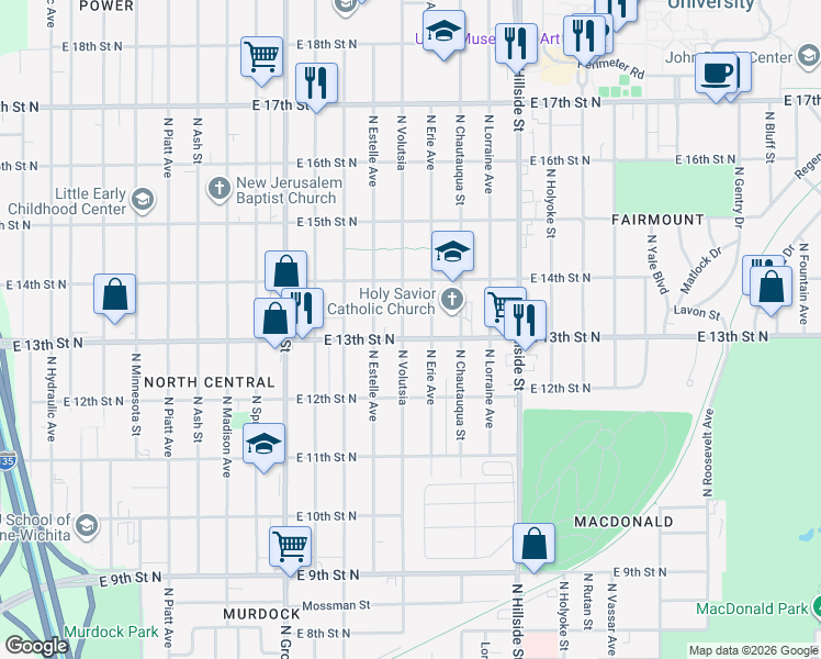 map of restaurants, bars, coffee shops, grocery stores, and more near 1412 N Volutsia St in Wichita