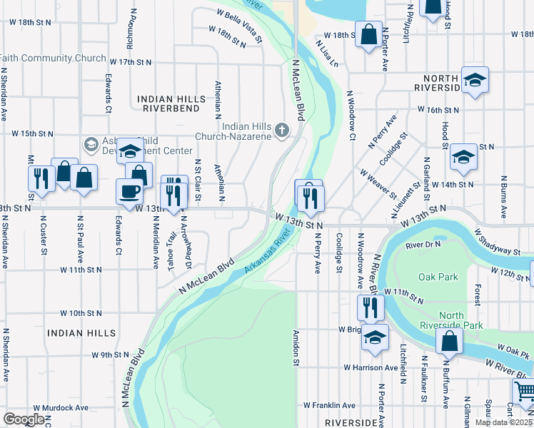 map of restaurants, bars, coffee shops, grocery stores, and more near 2101-2109 West 13th Street North in Wichita