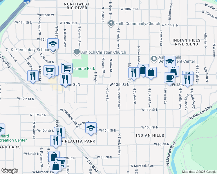 map of restaurants, bars, coffee shops, grocery stores, and more near 3311 West 13th St N in Wichita