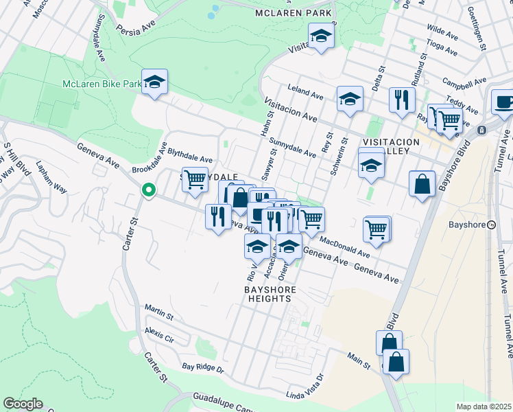 map of restaurants, bars, coffee shops, grocery stores, and more near 38 Calgary Street in San Francisco