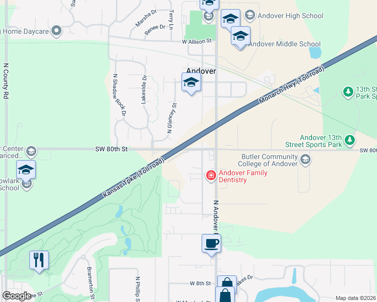 map of restaurants, bars, coffee shops, grocery stores, and more near 103-233 Southwest 80th Street in Andover