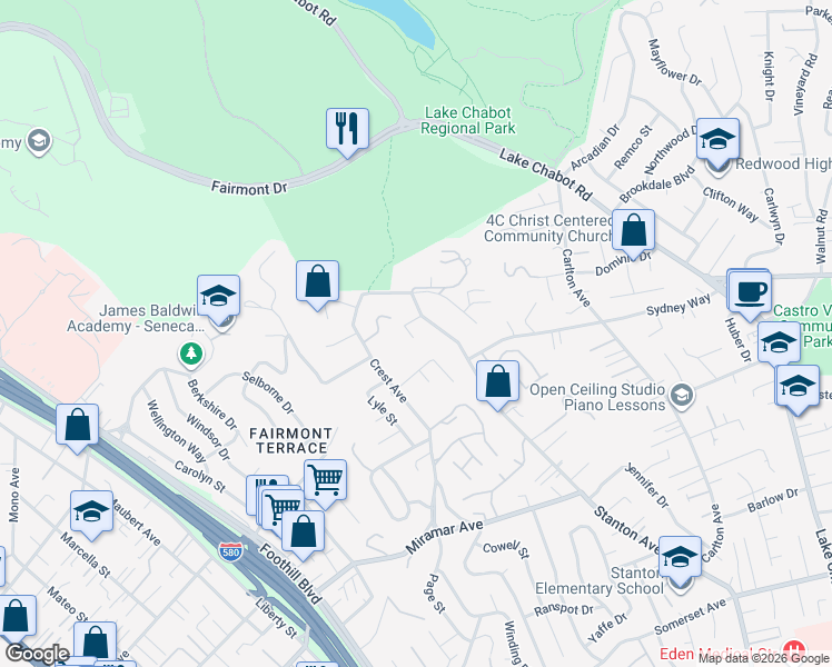 map of restaurants, bars, coffee shops, grocery stores, and more near 18632 Laredo Road in Castro Valley