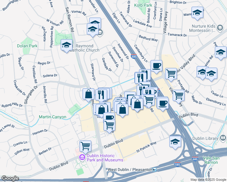 map of restaurants, bars, coffee shops, grocery stores, and more near 7319 Starward Drive in Dublin