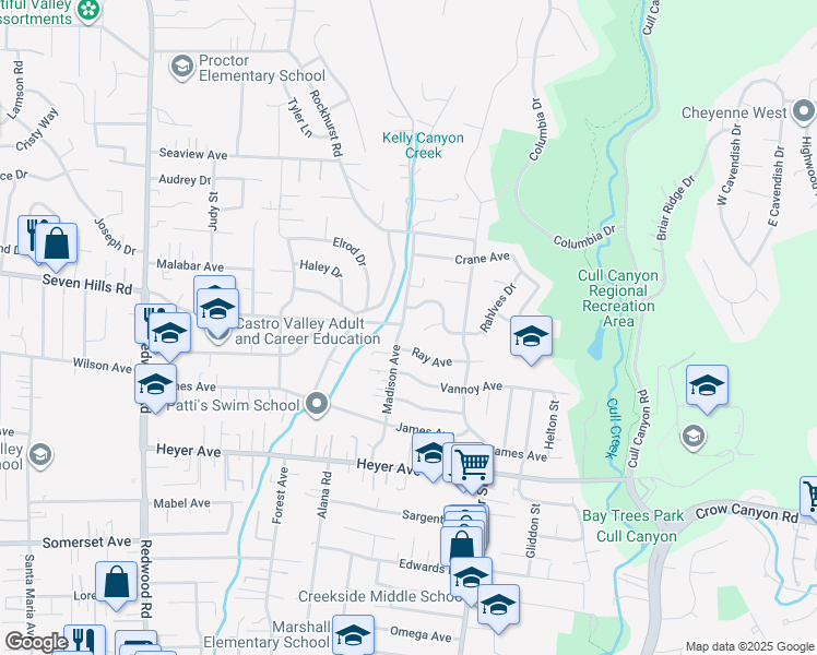 map of restaurants, bars, coffee shops, grocery stores, and more near 18798 Madison Avenue in Castro Valley