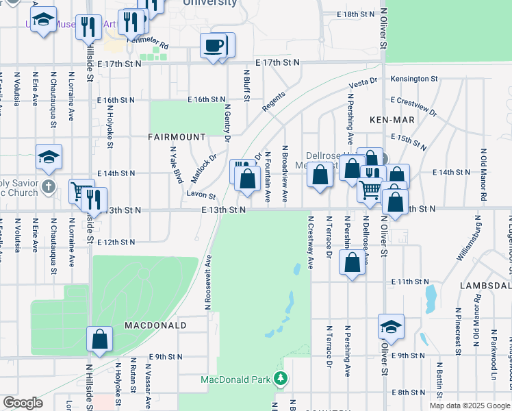 map of restaurants, bars, coffee shops, grocery stores, and more near 1402 N Bluff St in Wichita