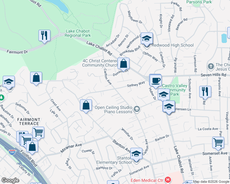 map of restaurants, bars, coffee shops, grocery stores, and more near 18743 Carlton Avenue in Castro Valley