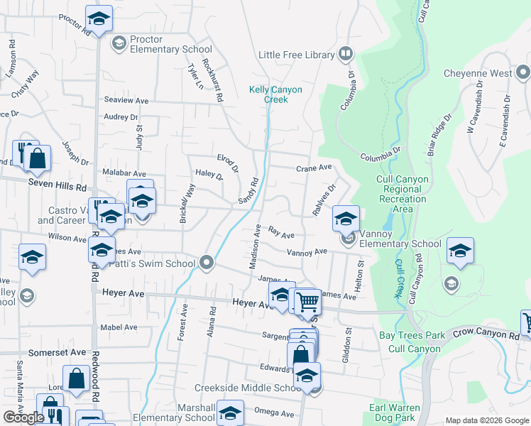 map of restaurants, bars, coffee shops, grocery stores, and more near 18798 Madison Avenue in Castro Valley